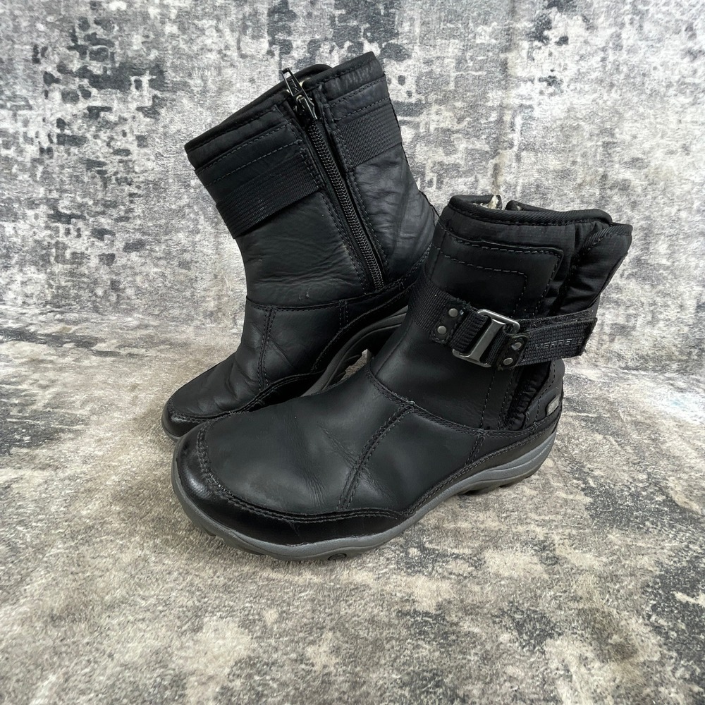 Merrell Womens 7.5 Murren Strap Waterproof Boot Black Leather Sherpa Snow Winter
